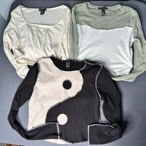 Forever 21 Sincerely Jules Ribbed Crop Tops Lot Of 3 Yin Yang Long Sleeve Y2K L